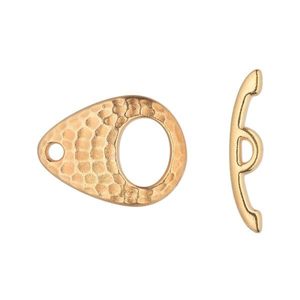 Clasp, TierraCast®, toggle, gold-plated pewter (tin-based alloy), 22x16mm hammered teardrop. Sold per pkg of 10. image number 0