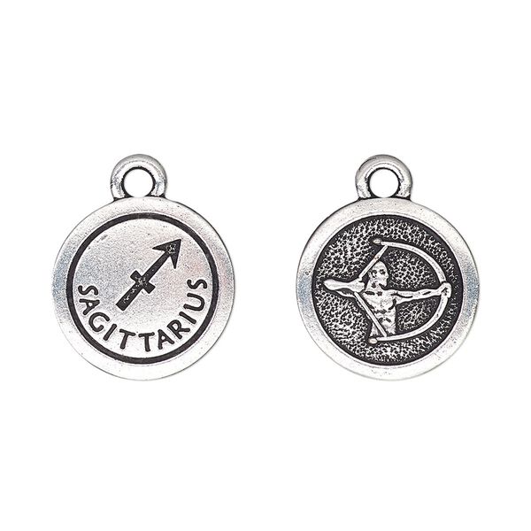 Charm, TierraCast®, antique silver-plated pewter (tin-based alloy), 15mm two-sided flat round with Sagittarius zodiac sign and symbol. Sold per pkg of 2. image number 0
