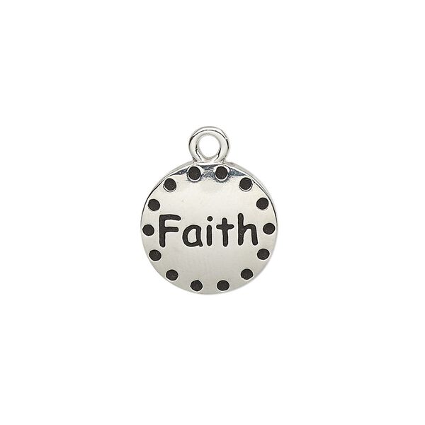 Drop, enamel and imitation rhodium-plated "pewter" (zinc-based alloy), black, 14.5mm single-sided round with "Faith." Sold individually. image number 0
