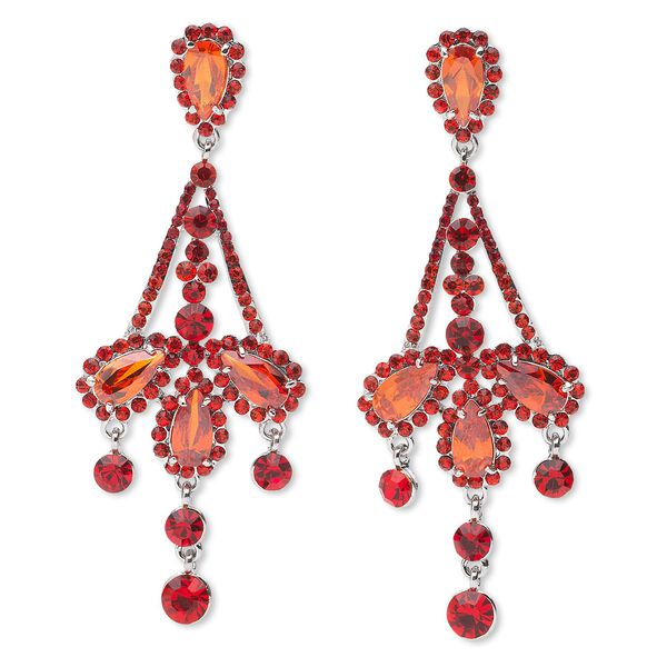 Earring, imitation rhodium-finished "pewter" (zinc-based alloy) / Czech glass rhinestones / acrylic, red, 88x34mm drop, earnuts included. Sold per pair. image number 0