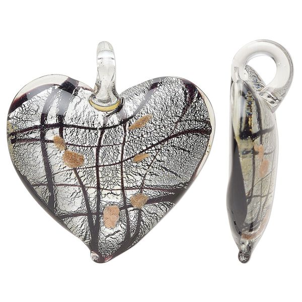 Focal, lampworked glass, opaque purple and black, 42x38mm-46x45mm domed heart with copper-colored glitter and silver-colored foil. Sold individually. image number 0