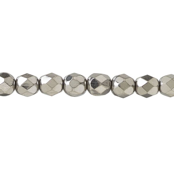 Bead, fire-polished, metallic grey glass, opaque clear, 6mm faceted round. Sold per 1 mass, approximately 1,200 beads. image number 0