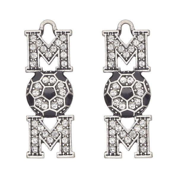 Focal, antique silver-finished "pewter" (zinc-based alloy) and glass, clear and black, 32x12mm single-sided mom and soccer ball. Sold per pkg of 2. image number 0