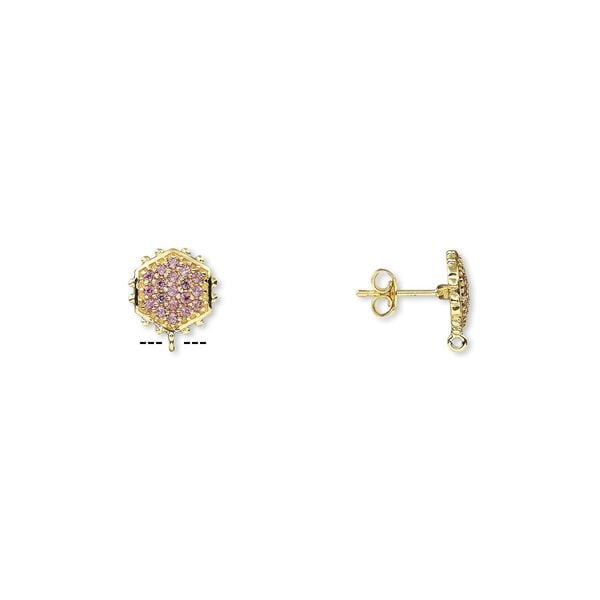 Earstud, garnet (natural) and gold-finished sterling silver, 12x11mm beaded hexagon with open loop. Sold per pair. image number 0