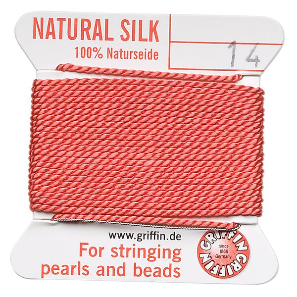 Thread, Griffin, silk, coral, size #14. Sold per 2-meter card (approximately 78 inches). image number 0