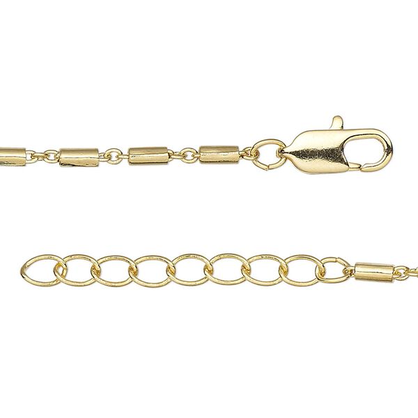Chain, gold-finished brass, 2mm oval and round tube, 16 inches with 1-1/4 inch extender chain and lobster claw clasp. Sold individually. image number 0