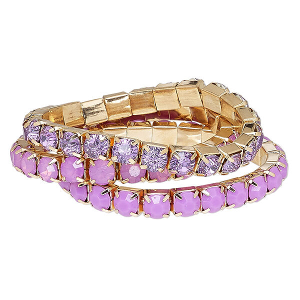 Bracelet, stretch, acrylic rhinestone and gold-finished steel, lavender and frosted lavender, 8mm wide cupchain, 7 inches. Sold per 3-piece set. image number 0