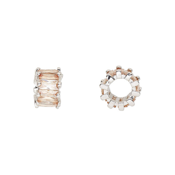 Bead, cubic zirconia and silver-plated brass, topaz, 10.5x6mm rondelle. Sold per pkg of 2. image number 0