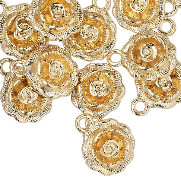 Charm, gold-finished "pewter" (zinc-based alloy), 14mm rose. Sold per pkg of 24. image number 0