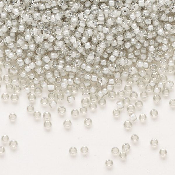 Seed bead, Miyuki, glass, pkg/250g, #11 rocaille, translucent moonstone-lined luster crystal clear (RR-2268). image number 0