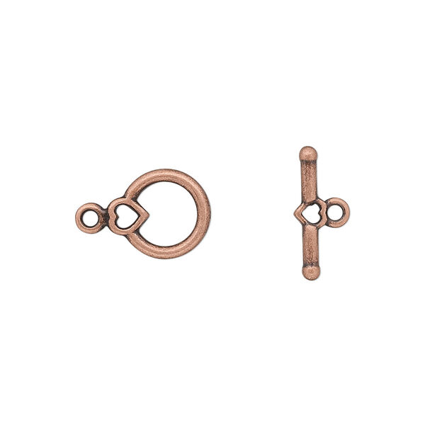Clasp, toggle, antique copper-plated "pewter" (zinc-based alloy), 10x9mm round with heart. Sold per pkg of 10. image number 0