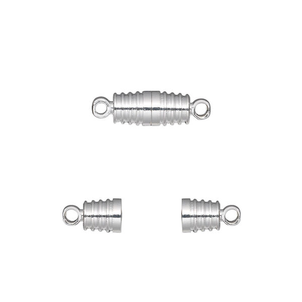 Clasp, magnetic, silver-finished brass, 11x5mm ribbed barrel. Sold per pkg of 10. image number 0