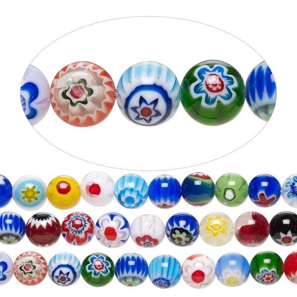 Bead mix, millefiori glass, opaque and translucent multicolored, 10mm round with 0.6-0.8mm hole. Sold per pkg of (3) 14-inch strands. image number 0