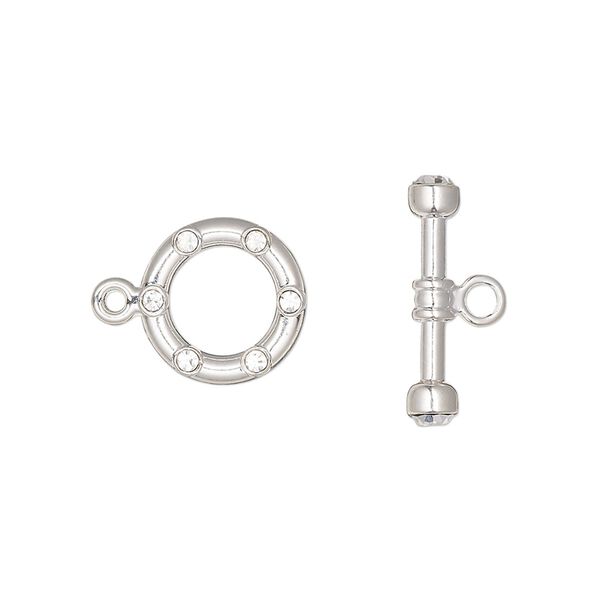 Clasp, toggle, Czech glass rhinestone and silver plate brass, clear, 12mm round. Sold per pkg of 2. image number 0