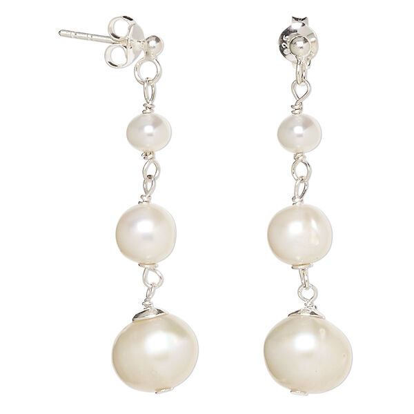 Earring, cultured freshwater pearl (bleached) sterling silver, white, 38mm with graduated round and post. Sold per pair. image number 0