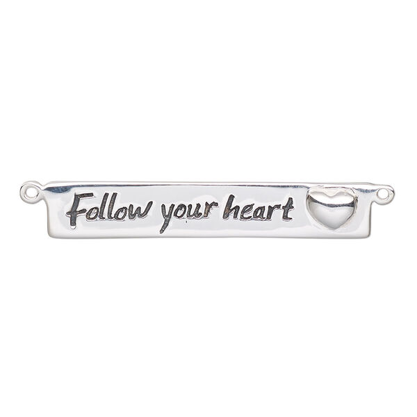 Focal, sterling silver and enamel, black, 34x6mm single-sided flat rectangle with "Follow your heart" and heart design with 2 loops. Sold individually. image number 0