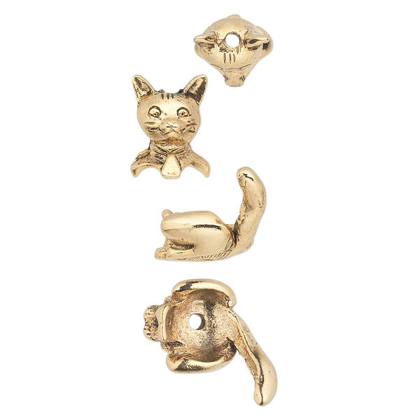 Bead cap, antique gold-plated pewter (tin-based alloy), 19x10mm cat, fits 7-8mm bead. Sold per 2-piece set. image number 0