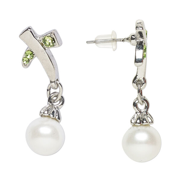 Earring, Everyday Jewelry, antique silver-finished "pewter" (zinc-based alloy) / glass / acrylic pearl, green and white, 34mm with post. Sold per pair. image number 0