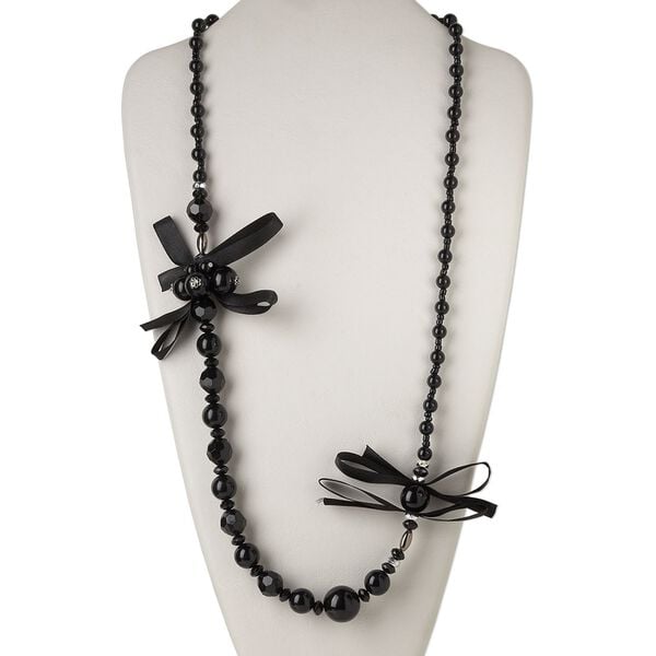 Necklace, organza / acrylic / silver-coated plastic, black, 32-inch continuous loop. Sold individually. image number 0
