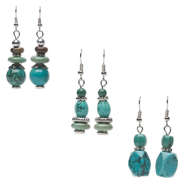 Magnesite / steel 1pkg6, silver-finished fishhook earring mix 44x12mm-53x14mm image number 0
