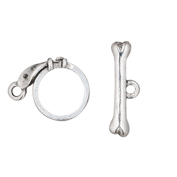 Clasp, toggle, antique silver-plated pewter (tin-based alloy), 18x16mm dog bone and collar. Sold individually. image number 0