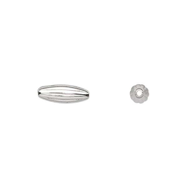 Bead, silver-plated brass, 12x4.5mm corrugated oval. Sold per pkg of 100. image number 0