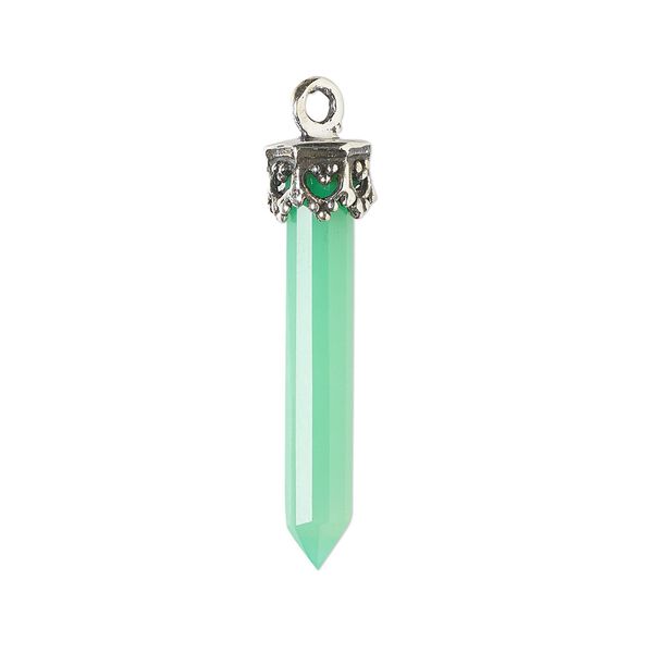 Drop, sea green chalcedony (dyed) and antiqued sterling silver, 20x4mm-26x6mm hand-cut 3D faceted point. Sold individually. image number 0