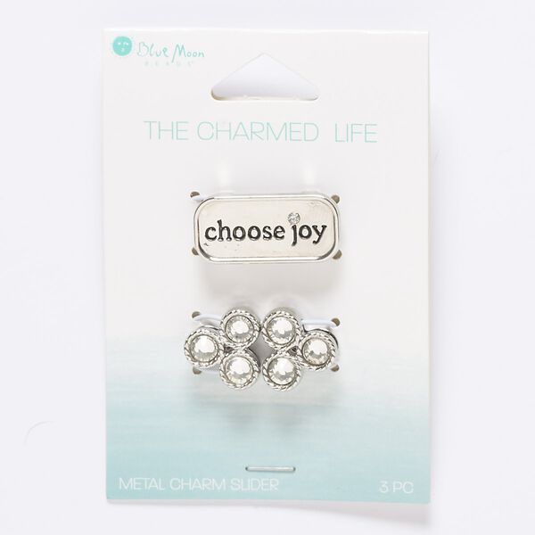 Slide mix, glass / silver- / antique silver-finished "pewter" (zinc-based alloy), clear, (2) 15mm rounded triangle and (1) 27x13mm rounded rectangle with "choose joy," 10x2mm hole. Sold per pkg of 3. image number 0
