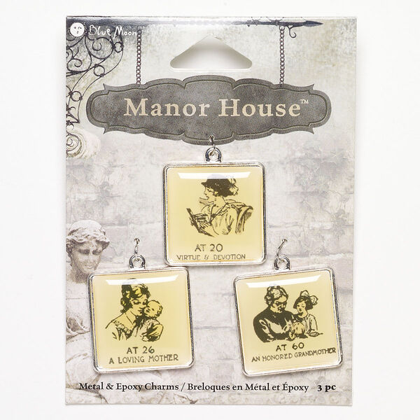 Drop, epoxy and silver-finished "pewter" (zinc-based alloy), yellow and black, 25x25mm square with assorted designs. Sold per pkg of 3. image number 0
