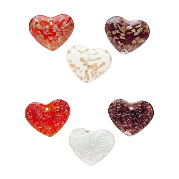 Random focal mix, lampworked glass, mixed colors, 52x42mm-53x43mm domed heart with carved back, copper-colored glitter and silver-colored foil. Sold per pkg of 3. image number 0