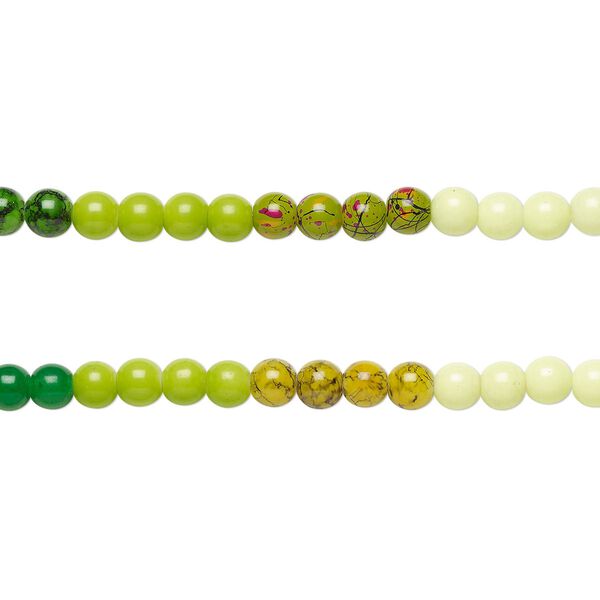 Bead, coated glass, opaque yellows and greens, 8-8.5mm round. Sold per pkg of (2) 7-inch strands, approximately 50 beads. image number 0