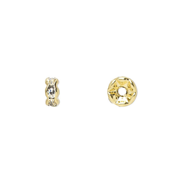 Bead, gold-finished brass and rhinestones, clear, 6x3mm rondelle. Sold per pkg of 10. image number 0