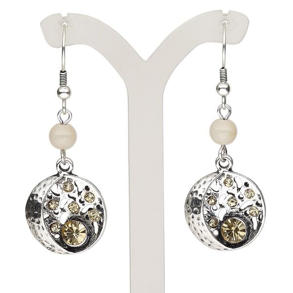 Earring, glass / glass rhinestone / antique silver-plated brass / steel / "pewter" (zinc-based alloy), cream and topaz brown, 2 inches with hammered round and cutout design with fishhook ear wire. Sold per pair. image number 0