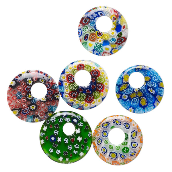 Component, millefiori glass, translucent multicolored, 24-26mm go-go with flower, star and tree design. Sold per pkg of 6. image number 0