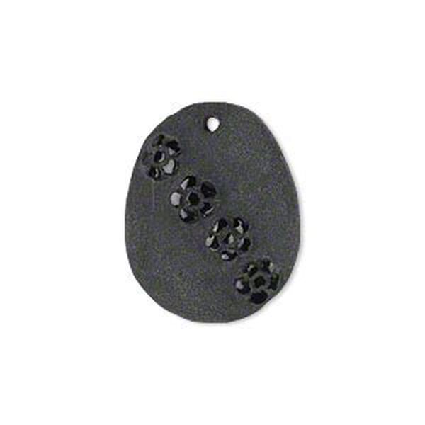 Drop, black onyx (dyed), frosted, 23x18mm hand-carved flat oval with flower design, B+ grade, Mohs hardness 6-1/2 to 7. Sold individually. image number 0