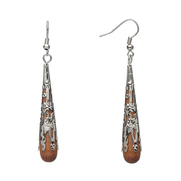 Earring, imitation rhodium-plated steel and wood, 50mm filigree capped teardrop, 2-1/2 inches with fishhook ear wire. Sold per pair. image number 0