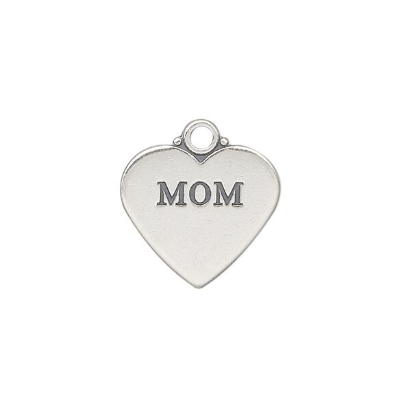 Charm, antiqued sterling silver, 17x15mm double-sided heart with "MOM." Sold individually. image number 0