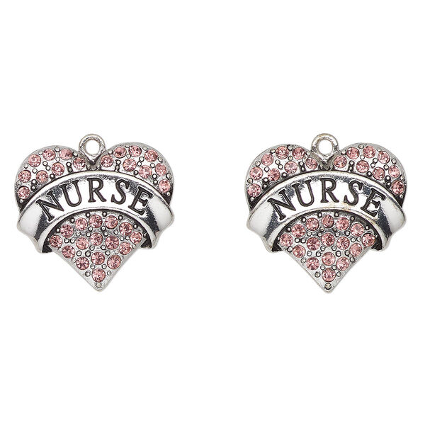 Charm, antique silver-finished enamel "pewter" (zinc-based alloy) and glass, pink and black, 24x23mm heart with "Nurse". Sold per pkg of 2. image number 0