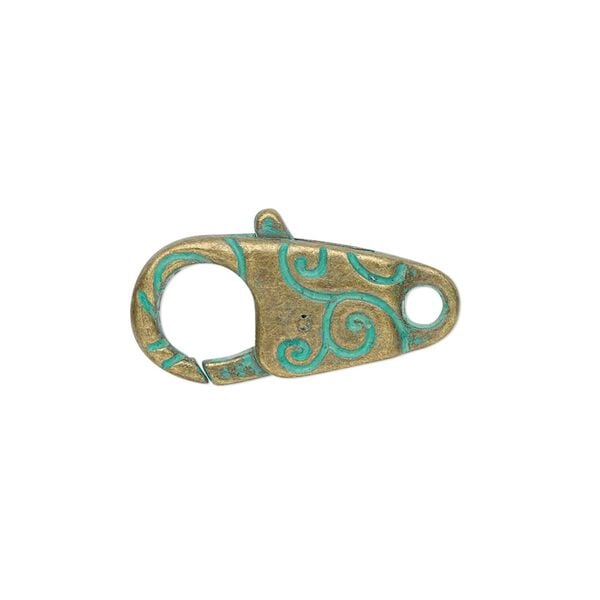 Clasp, lobster claw, antique brass-plated "pewter" (zinc-based alloy), green patina, 24.5x11mm double-sided with swirl design. Sold per pkg of 6. image number 0