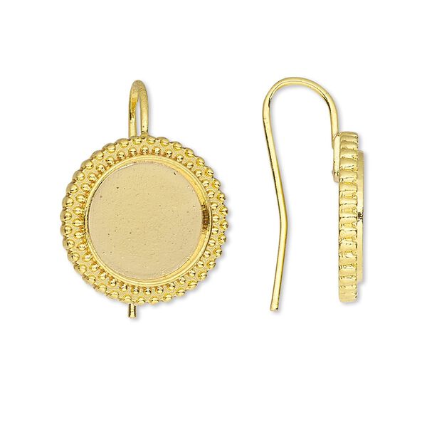 Ear wire fishhook 1pkg10 Almost Instant Jewelry®, 24mm / 12mm beaded flat back round glue-in setting, 18 gauge gold-finished brass 5 pair image number 0