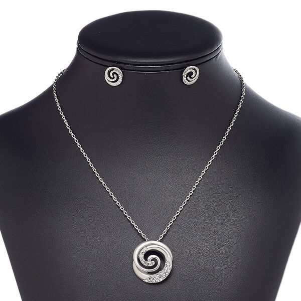 Necklace and earring set, glass rhinestone / imitation rhodium-plated steel / brass / "pewter" (zinc-based alloy), clear, 26x24mm matte swirl, 18-inch necklace with 2-inch extender chain and lobster claw clasp, 12mm swirl with post. Sold per set. image number 0