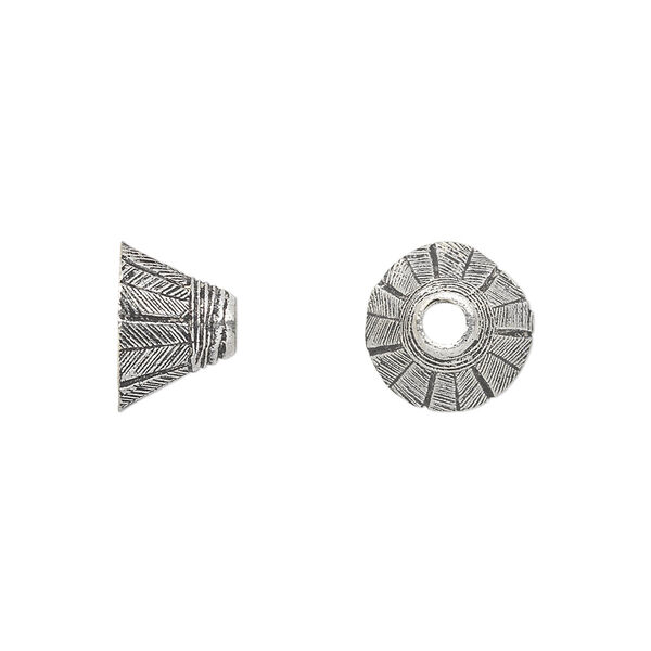 Cone, antique silver-plated white brass, 11x8mm fancy with herringbone design, 9.5mm inside diameter. Sold per pkg of 6. image number 0
