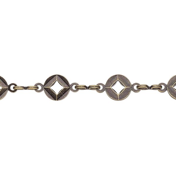 Chain, antique gold-plated brass, 5.5mm flat round with diamond cutout. Sold per pkg of 5 feet. image number 0