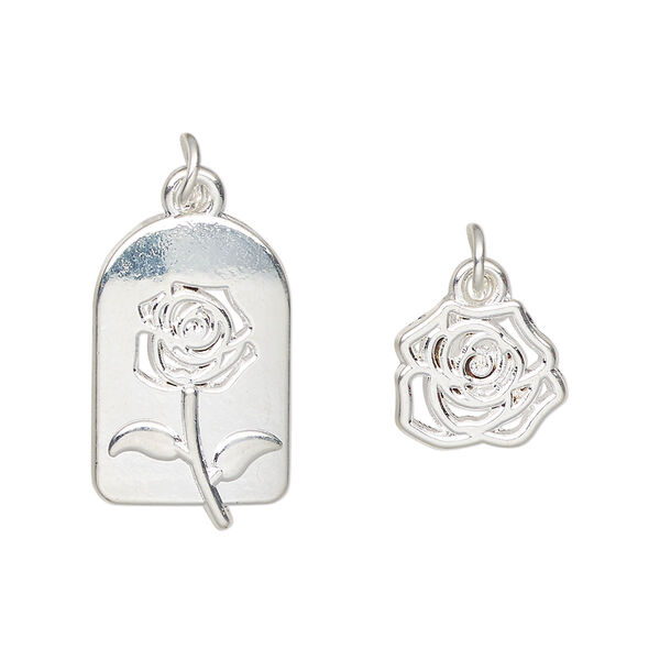 Charm, silver-finished "pewter" (zinc-based alloy) and steel, 21x13mm rose cutout design and 12x11mm single-sided rose. Sold per pkg of (2) 2-piece sets. image number 0