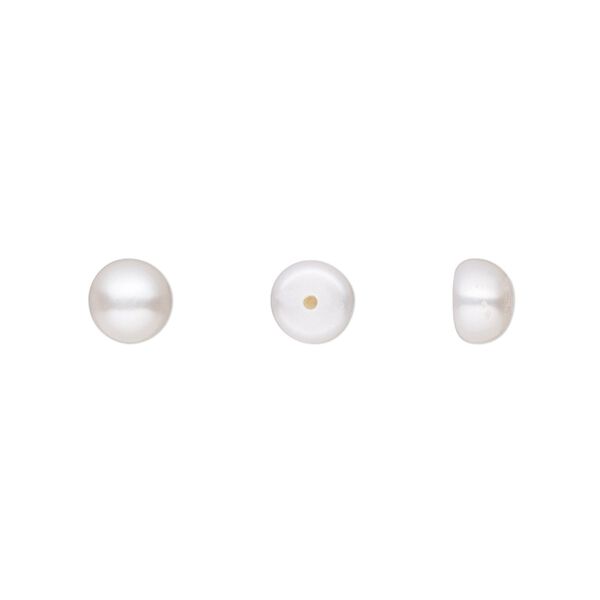Pearl, White Lotus™, cultured freshwater (bleached), white, 6-6.5mm half-drilled button, B grade, Mohs hardness 2-1/2 to 4. Sold per pair. image number 0