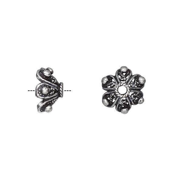 Bead cap, antique silver-plated white brass, 11x6mm fancy round with petals and dots, fits 10-12mm bead. Sold per pkg of 6. image number 0