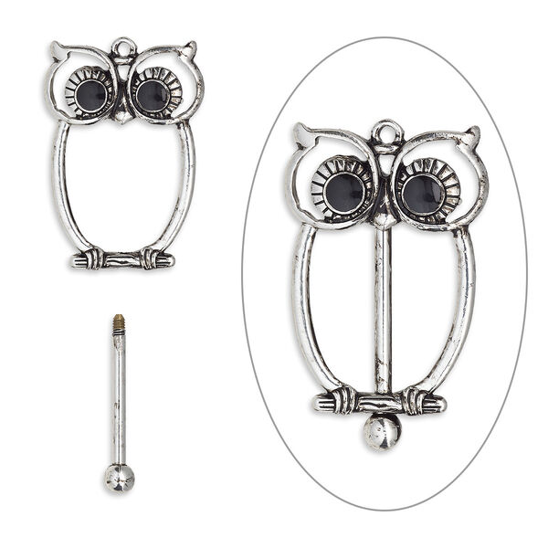 Focal, bead pin, epoxy / antique silver-finished brass / "pewter" (zinc-based alloy), black, 48.5x30.5mm single-sided owl with twist-off top, 24mm beadable length. Sold individually. image number 0