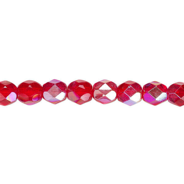 Bead, Czech fire-polished glass, translucent light red AB, 6mm faceted round. Sold per 15-1/2" to 16" strand. image number 0