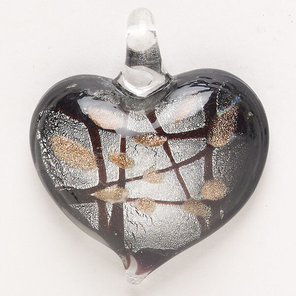 Focal, lampworked glass, pkg/1, opaque black with silver-colored foil and copper-colored glitter, 35x30mm-36x33mm puffed heart. image number 0