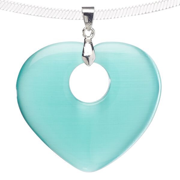 Pendant, cat's eye glass (fiber optic glass) and silver-finished "pewter" (zinc-based alloy), teal, 44x40mm-45x41mm heart with cutout circle. Sold individually. image number 0